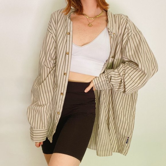 Chaps Tops - Chaps Striped Oversized Long Sleeve Button Up Top